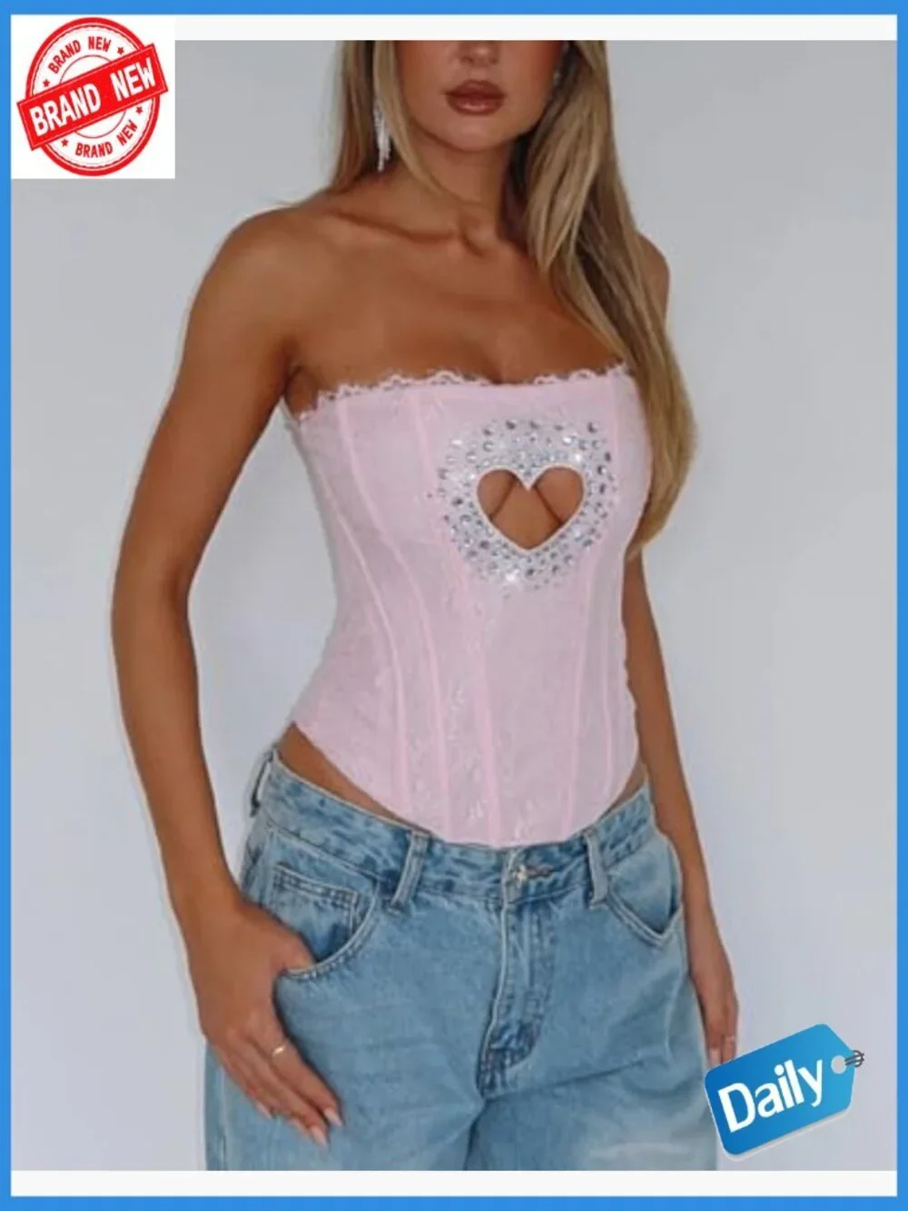 Heart Cutout Floral Embroidery Corset Top Strapless Boned Bustier Lace Up